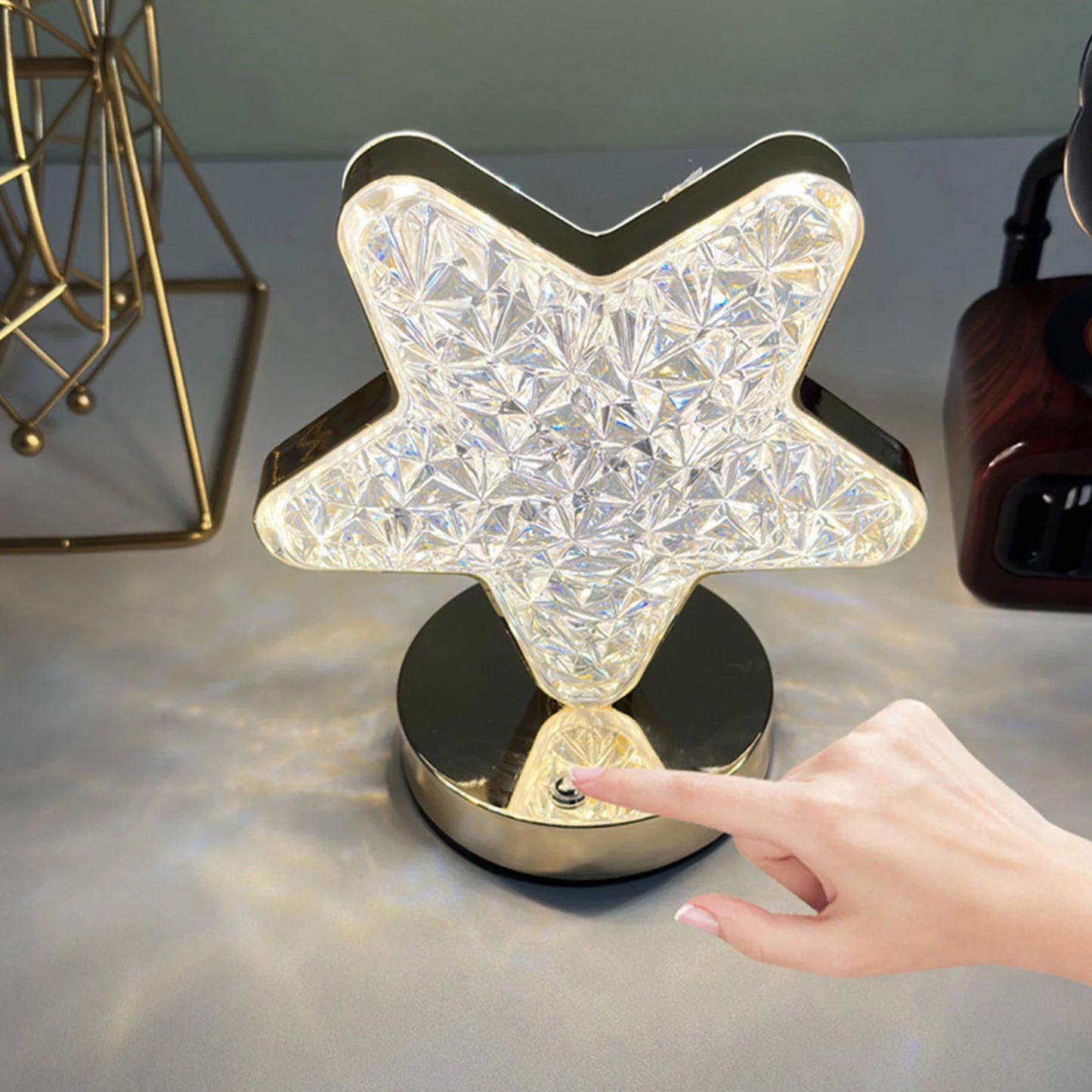 Elegant star shape crystal lamp with a touch control feature for stylish home decor