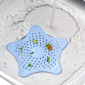 Blue star shape sink strainer designed to catch food debris while allowing water to flow freely