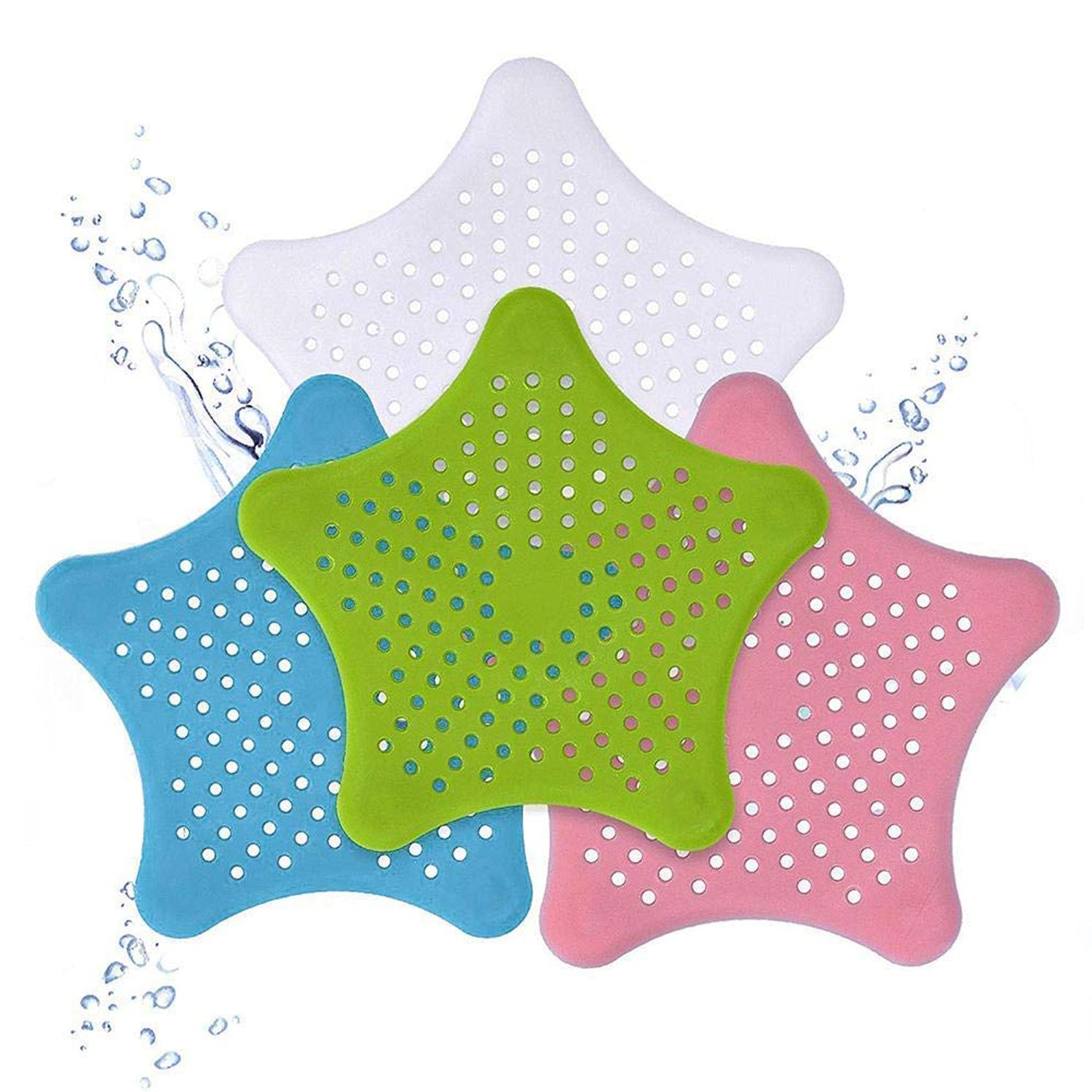 Set of colorful star shape sink strainers in blue, green, pink, and white for effective drainage