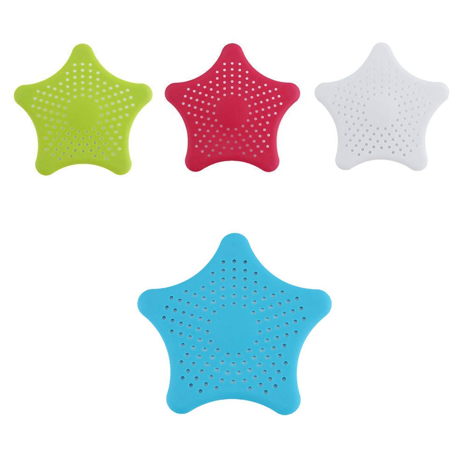 Colorful star shape sink strainer in green, red, white, and blue for effective draining and preventing clogging