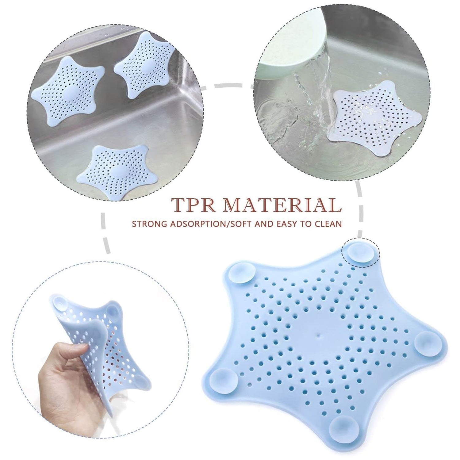 Star shape sink strainer in soft TPR material with strong adsorption and easy to clean design