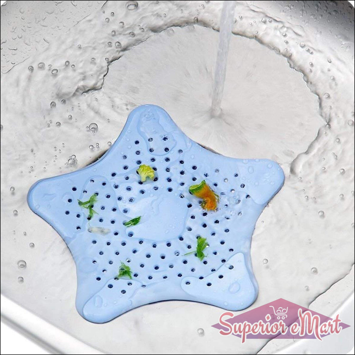Blue star shape sink strainer designed to catch food debris while allowing water to flow freely