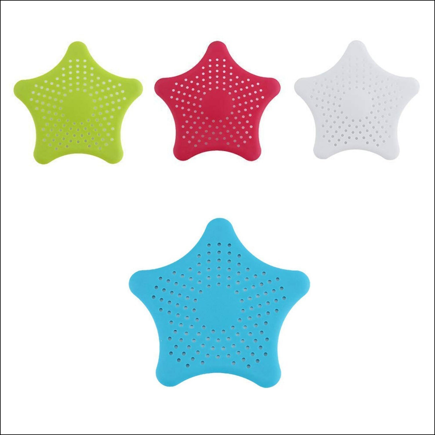 Colorful star shape sink strainer in green, red, white, and blue for effective draining and preventing clogging