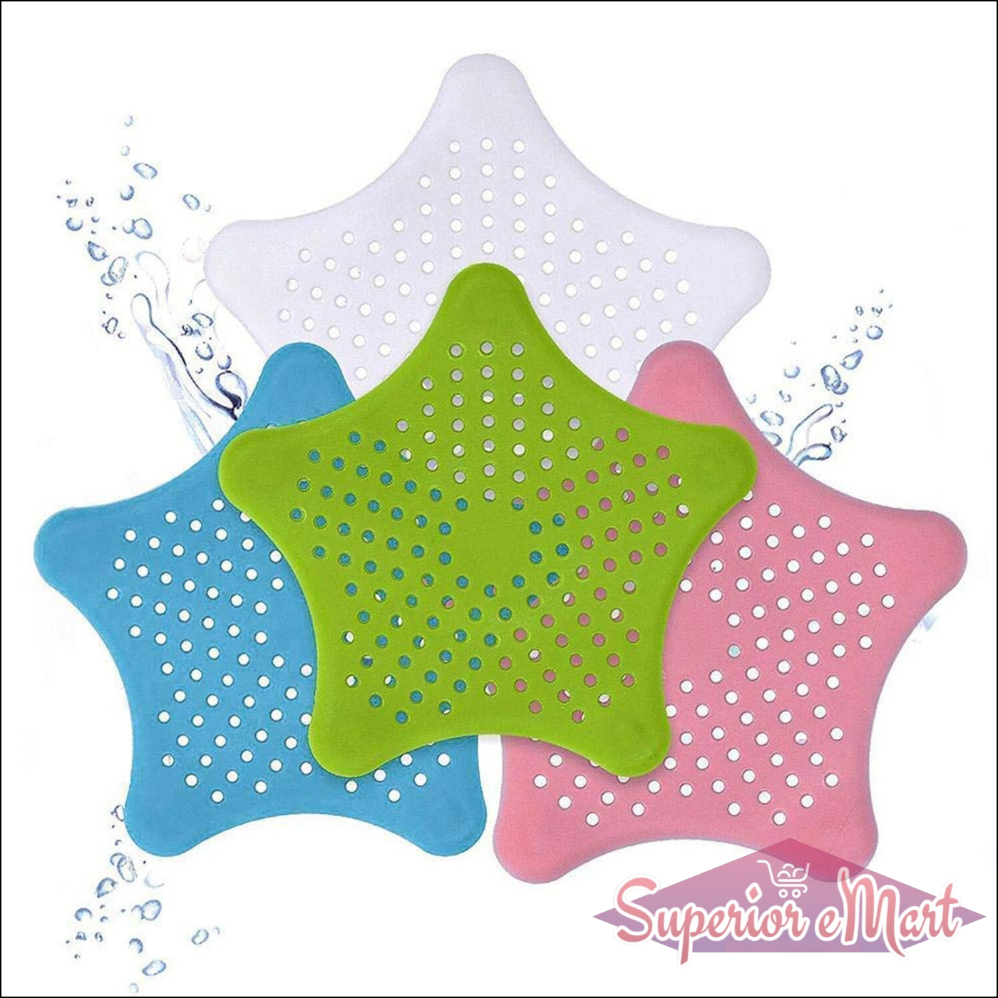 Set of colorful star shape sink strainers in blue, green, pink, and white for effective drainage