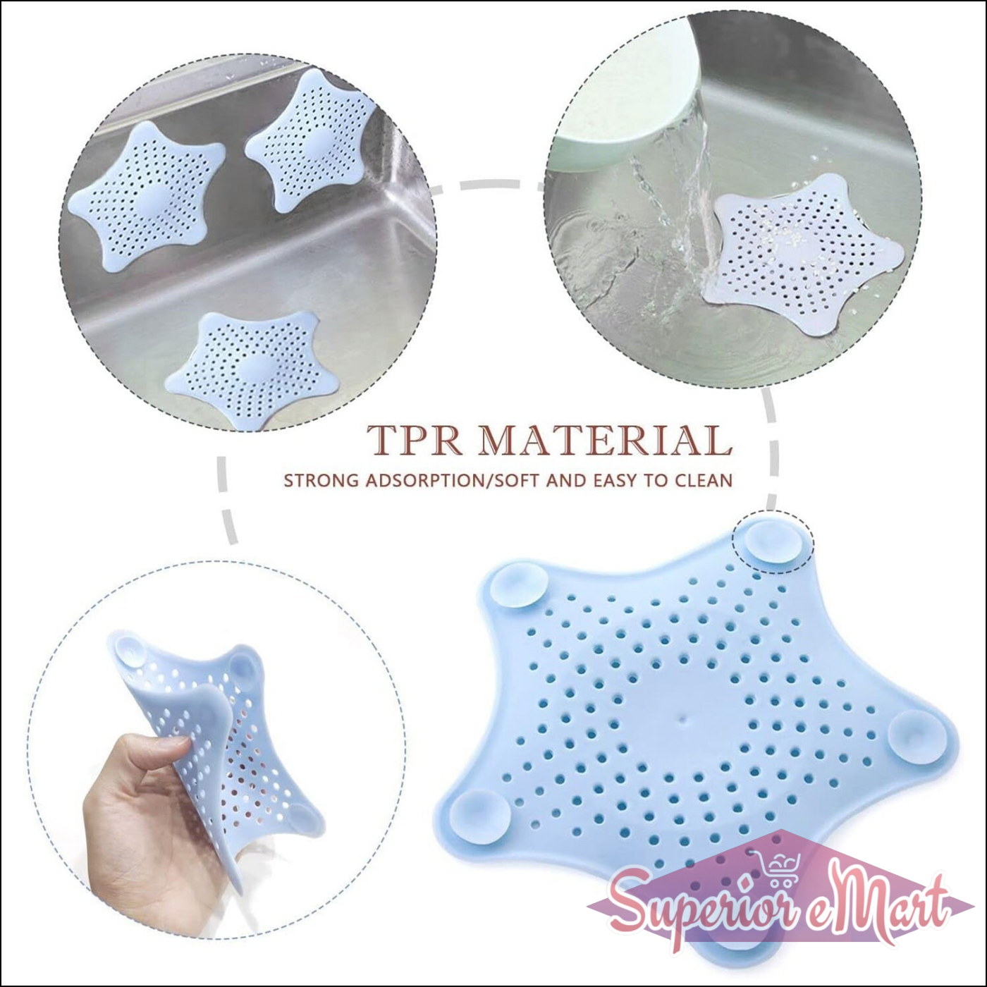 Star shape sink strainer in soft TPR material with strong adsorption and easy to clean design
