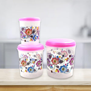 3 piece storage container set with vibrant floral designs and pink lids for kitchen organization