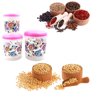 Colorful 3 piece storage container set with floral designs for kitchen organization and food storage