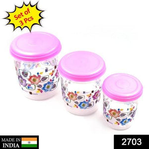 3 piece storage container set with colorful floral design and pink lids for kitchen organization