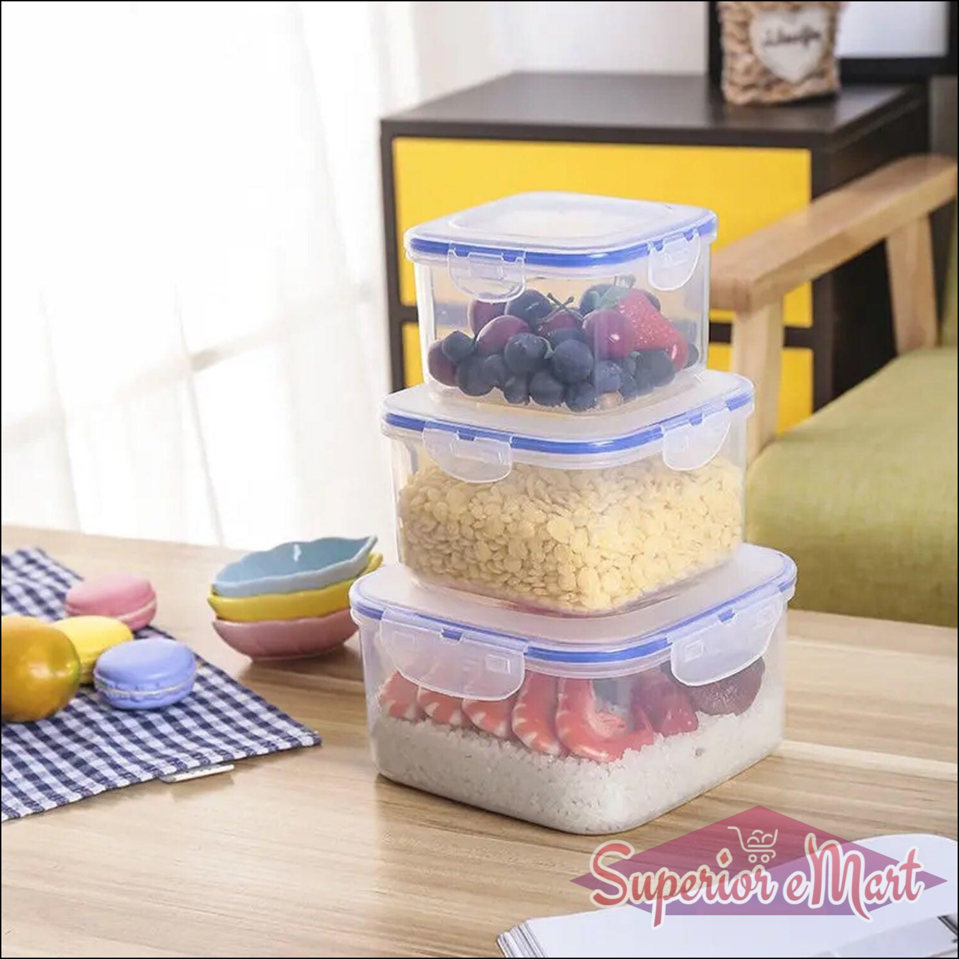 Airtight storage container set stacked with fruits and cereal on a wooden table