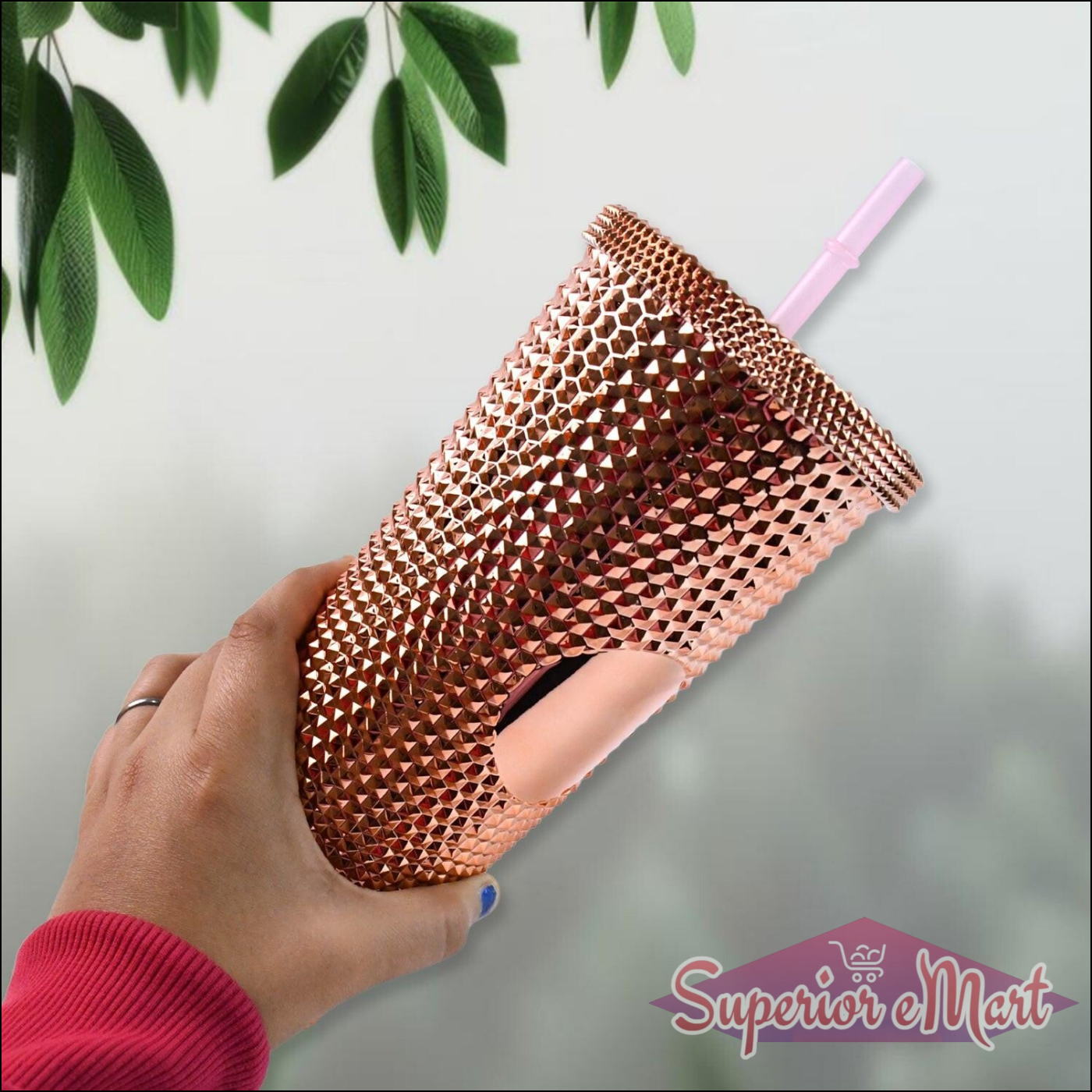 Studded Tumbler with Straw - Rose Gold - Superior eMart