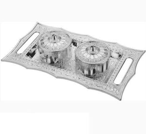 Elegant silver Stylish mukhwas tray with two glass containers for serving snacks and decor