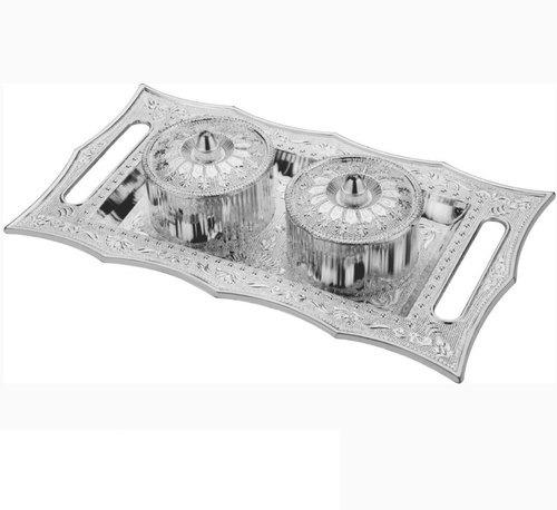 Elegant silver Stylish mukhwas tray with two glass containers for serving snacks and decor