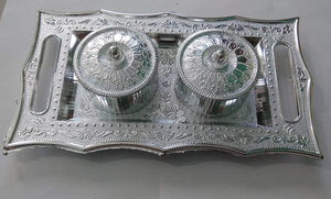 Elegant silver stylish mukhwas tray with two intricate containers for serving snacks