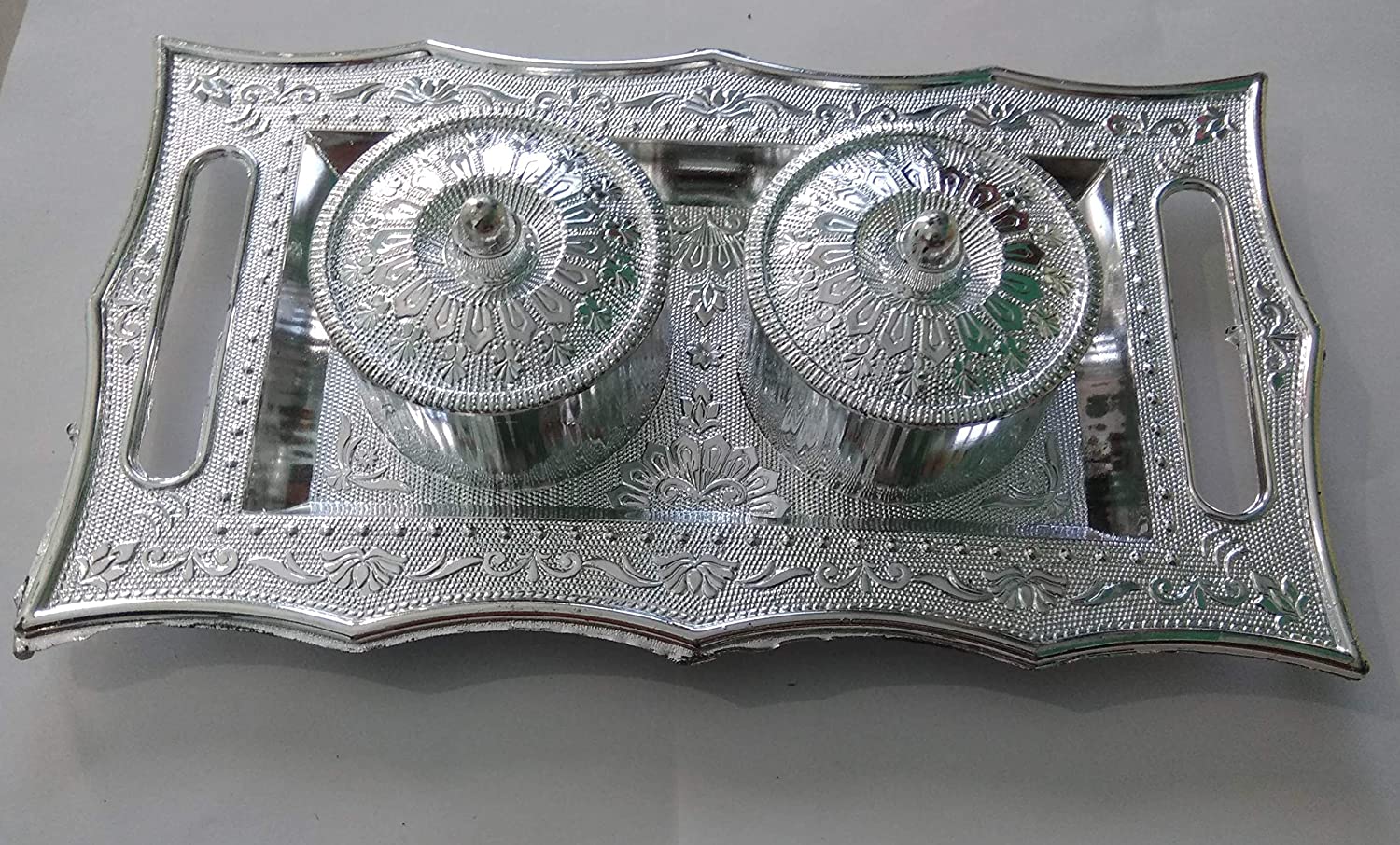 Elegant silver stylish mukhwas tray with two intricate containers for serving snacks