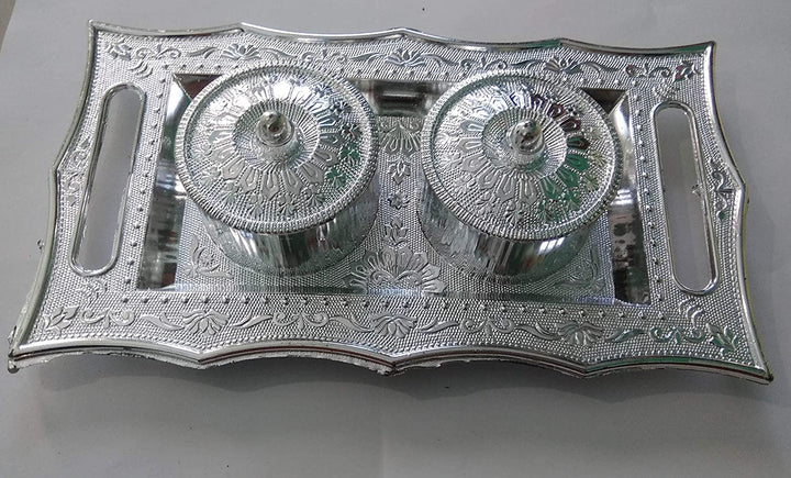 Elegant silver stylish mukhwas tray with two intricate containers for serving snacks
