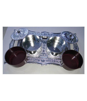 Stylish mukhwas tray with ornate design and two silver containers for serving snacks