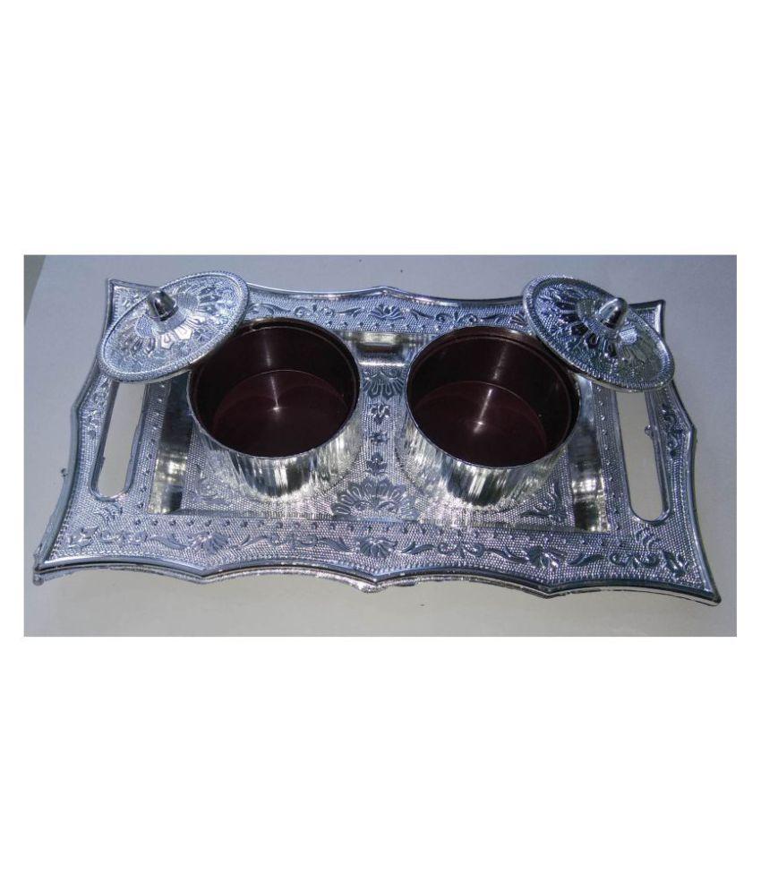 Elegant silver stylish mukhwas tray with two lidded containers for serving snacks