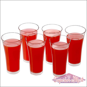 Transparent juice glass set of six with vibrant red juice for entertaining guests