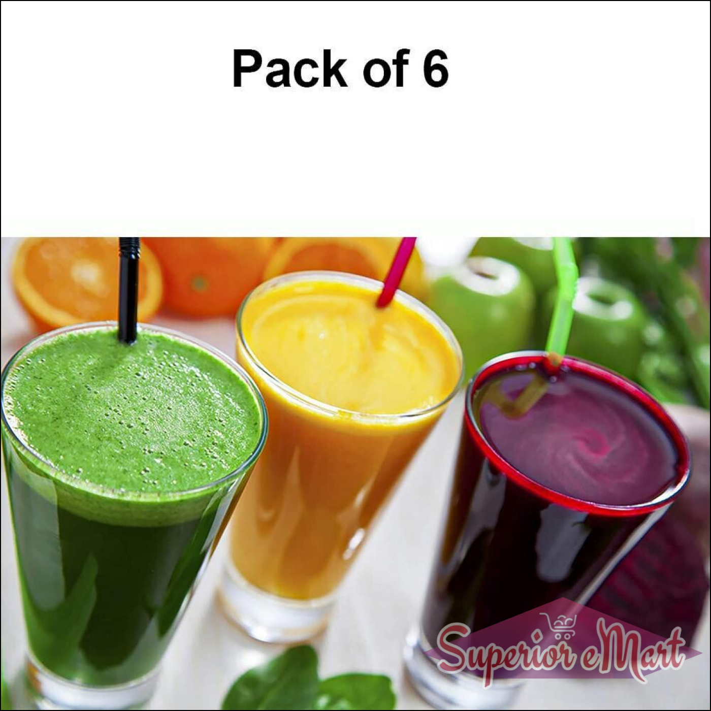 Transparent juice glass set featuring six vibrant glasses perfect for serving fresh juices