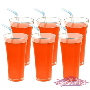 Set of six transparent juice glass set with colorful drinks and straws for vibrant dining experiences