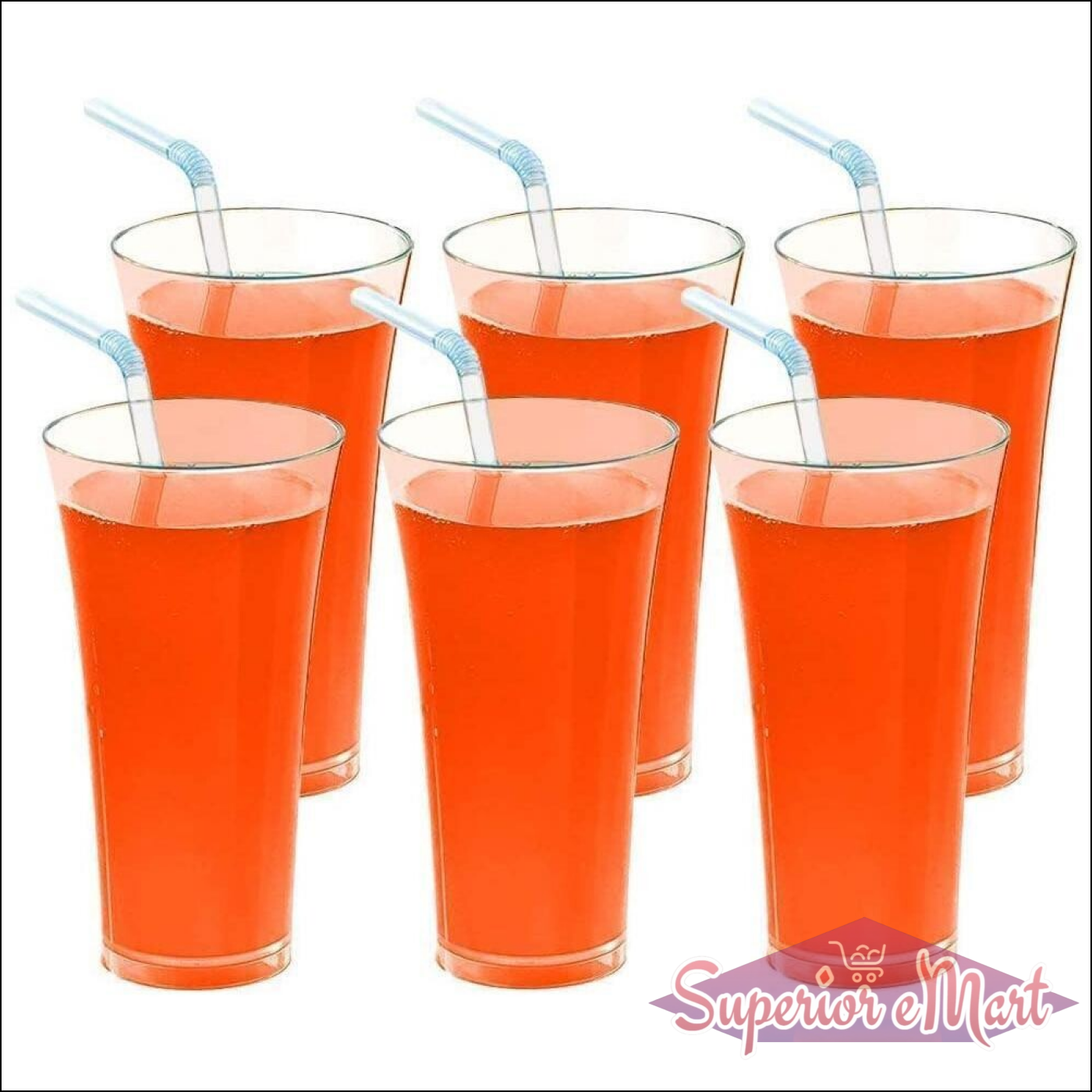 Set of six transparent juice glass set with colorful drinks and straws for vibrant dining experiences