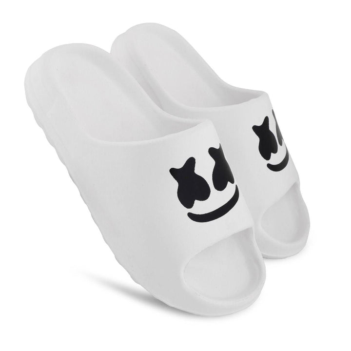 Stylish White Slider with Black Cartoon Face Design for Casual Comfort