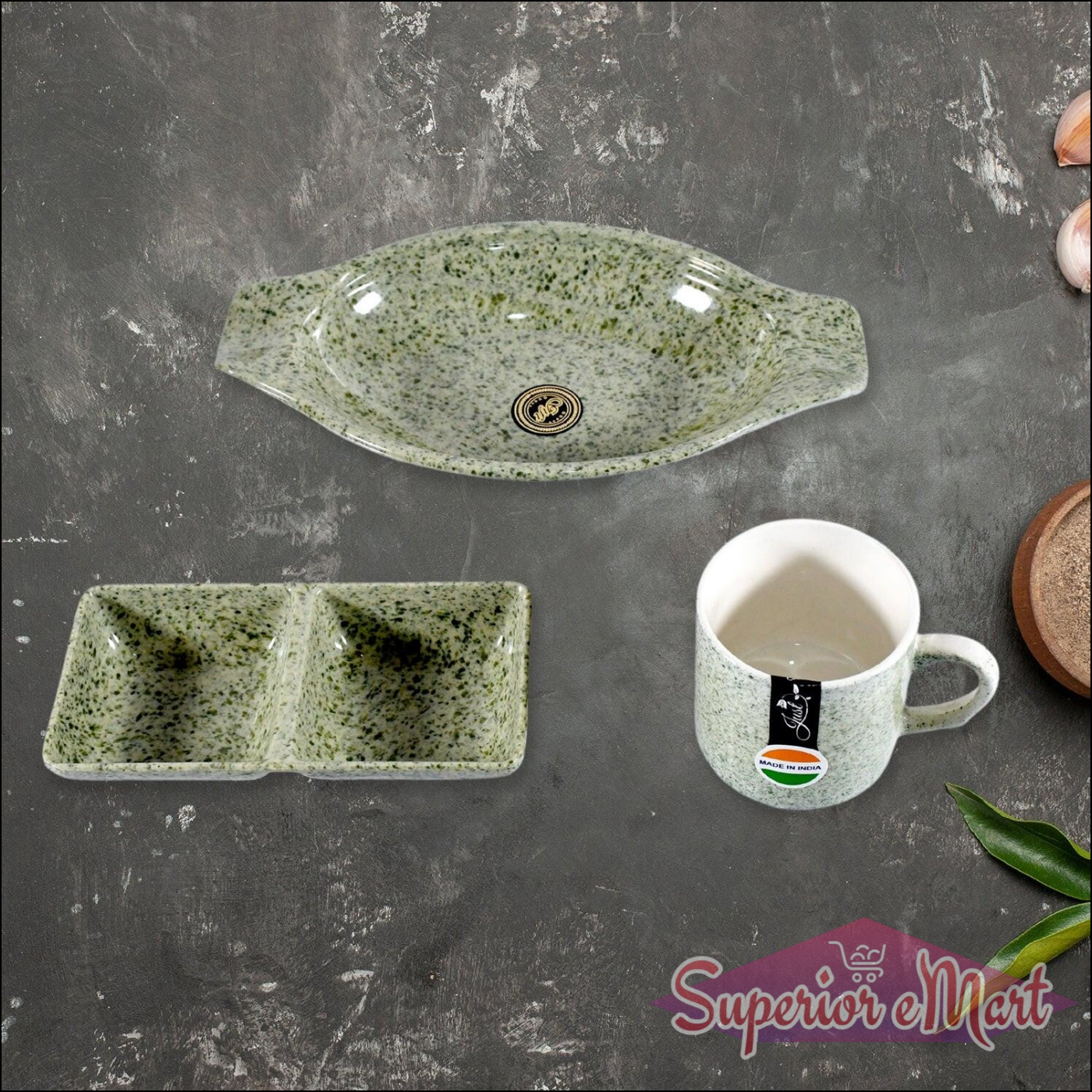 Ceramic tea cups with snacks platter set featuring speckled green design for elegant serving.