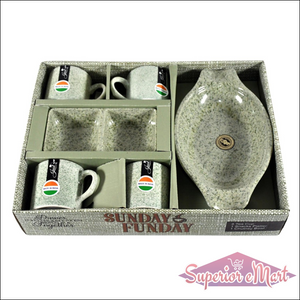 Ceramic tea cups with snacks platter set in a decorative box for gatherings and special occasions
