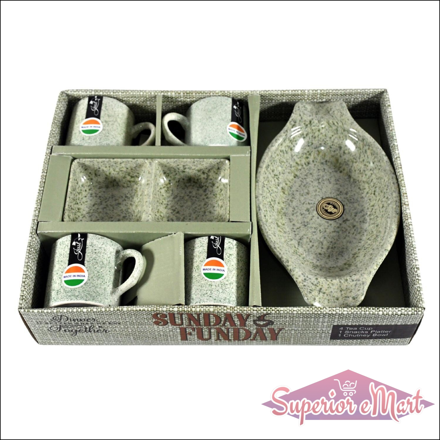 Ceramic tea cups with snacks platter set in a decorative box for gatherings and special occasions