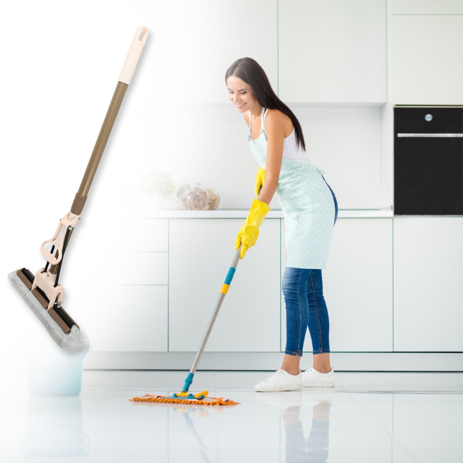 Woman using a super absorbent sponge mop for efficient floor cleaning in a modern kitchen