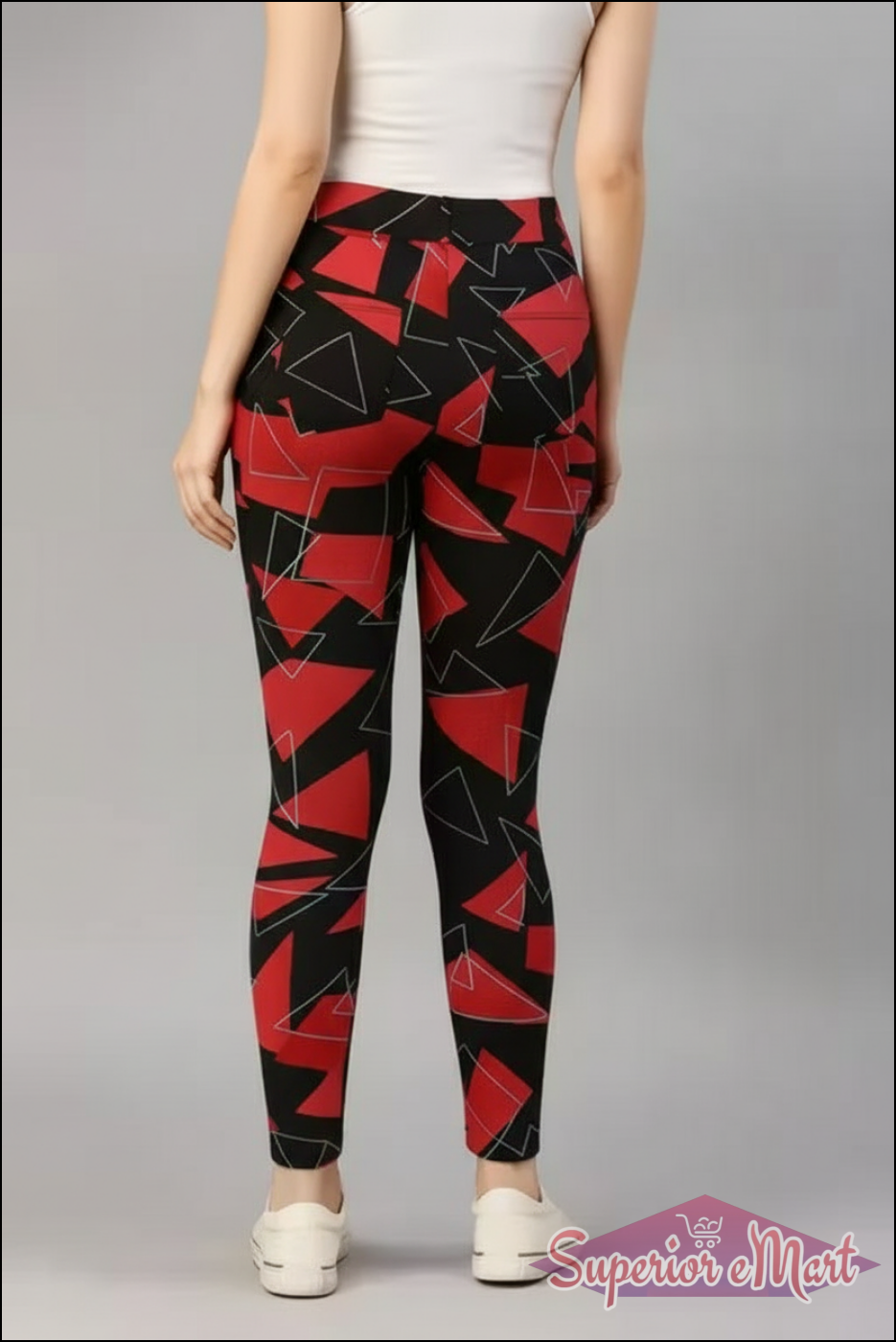Back view of high waist black and red leggings for women with geometric pattern design