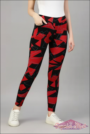 Stylish high waist black and red leggings for women featuring a geometric pattern and secure pockets