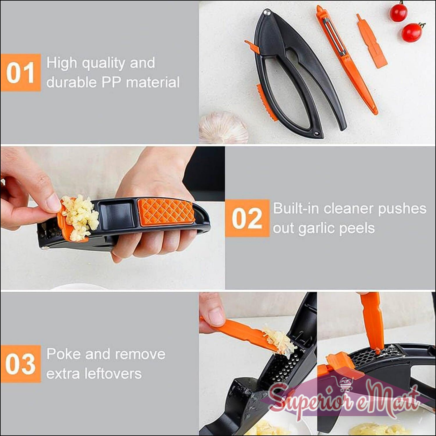 Superior eMart Multifunctional Garlic Press with Peeler & Cleaner 1 Pc - Superior eMart