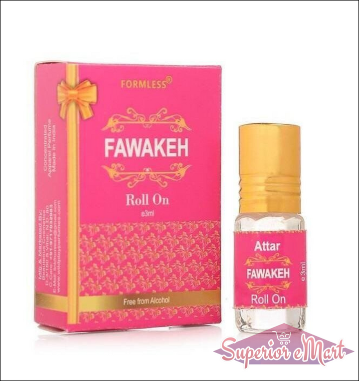 Silver Musk and Fawakeh attar 3ml roll-on perfume in a pink box with golden accents