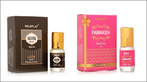 Silver Musk and Fawakeh attar 3ml roll-on bottles with elegant packaging from Superior eMart