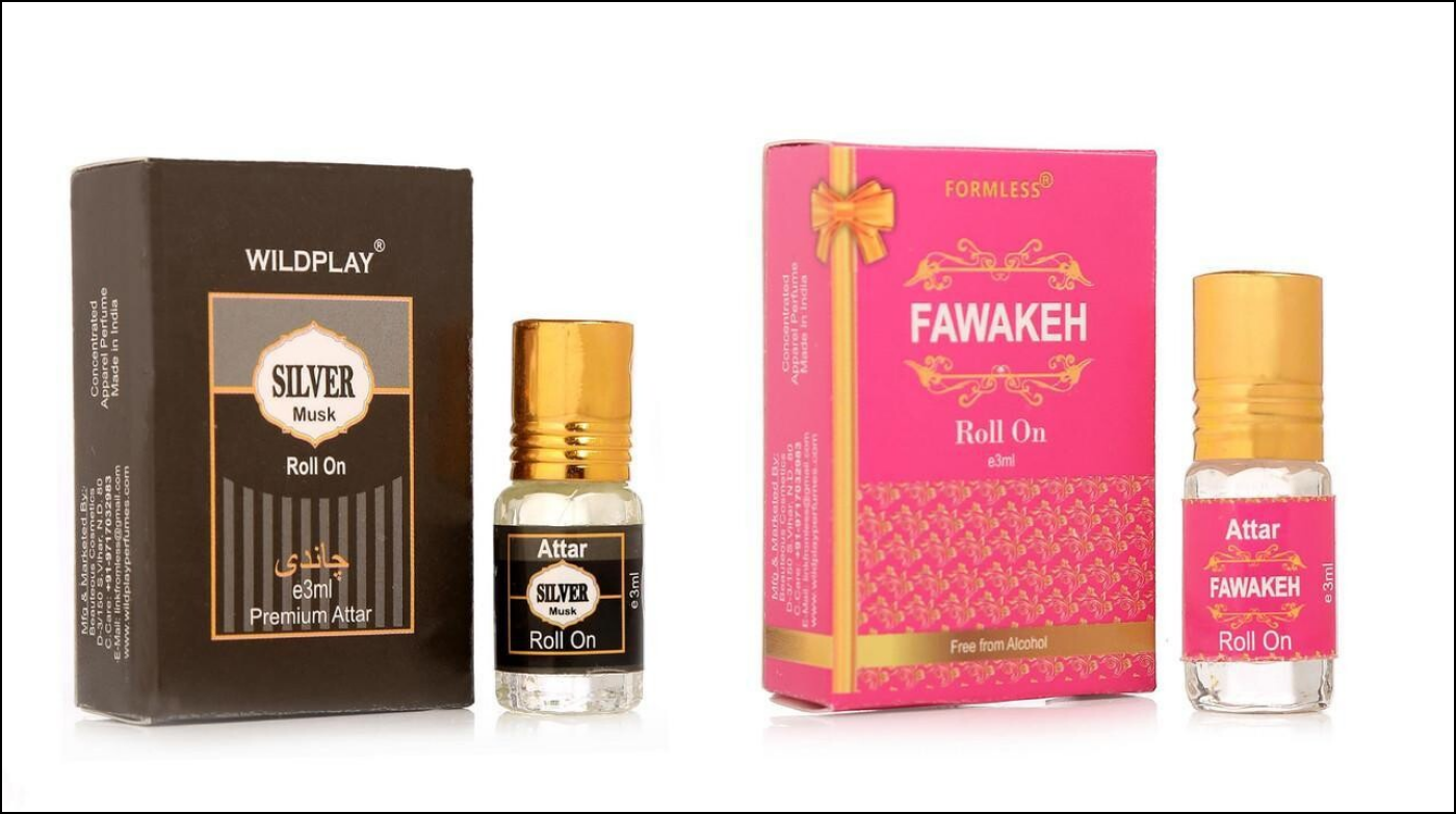 Silver Musk and Fawakeh attar 3ml roll-on bottles with elegant packaging from Superior eMart