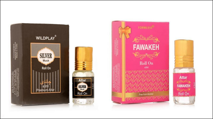 Silver Musk and Fawakeh attar 3ml roll-on bottles with elegant packaging from Superior eMart
