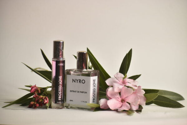 Nyro Sweet Freeze Combo featuring Frosted Love Perfume in a botanical setting