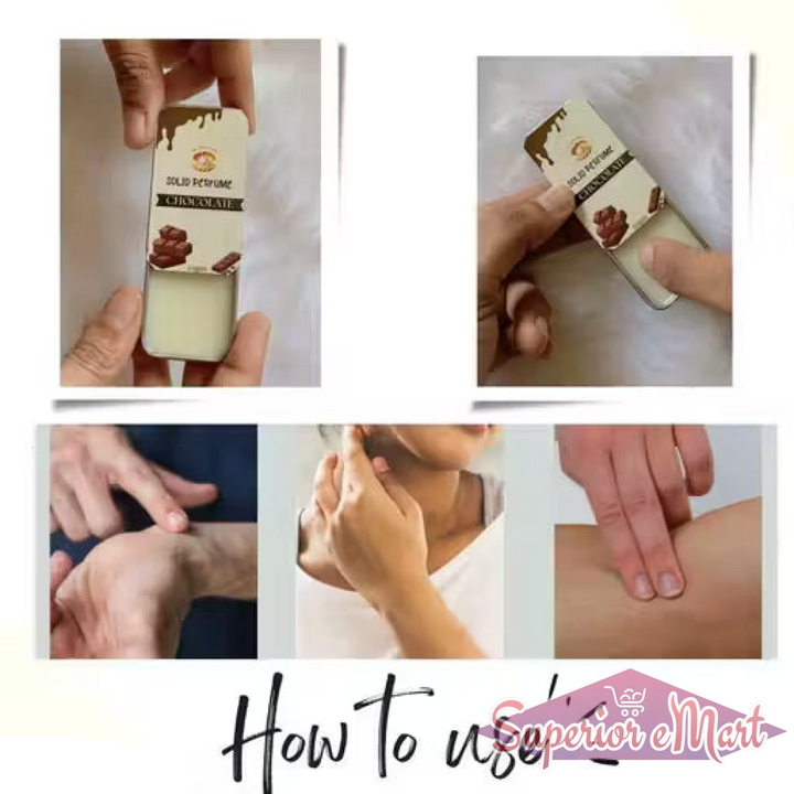 How to use chocolate solid perfume in a sliding tin. Shows applying cream to the wrist, neck, and inner arm.