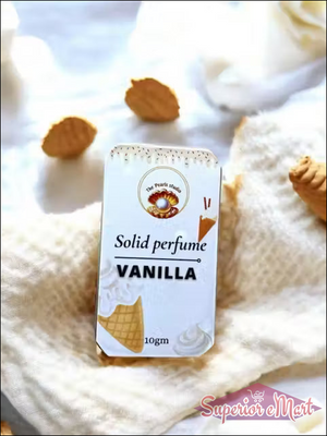 Vanilla solid perfume by The Pearl's Studio in a 10g tin featuring ice cream graphics on white textured fabric.