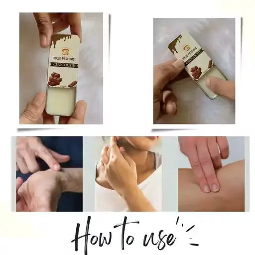 How to use chocolate solid perfume in a sliding tin. Shows applying cream to the wrist, neck, and inner arm.