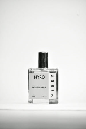 Nyro Vibex Extrait de Parfum in a clear glass bottle with a sleek design
