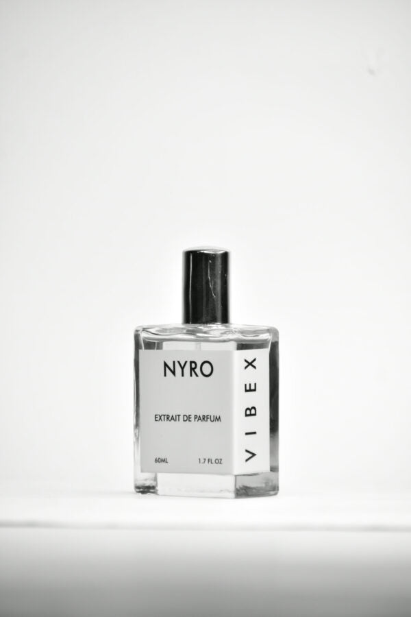 Nyro Vibex Extrait de Parfum in a clear glass bottle with a sleek design