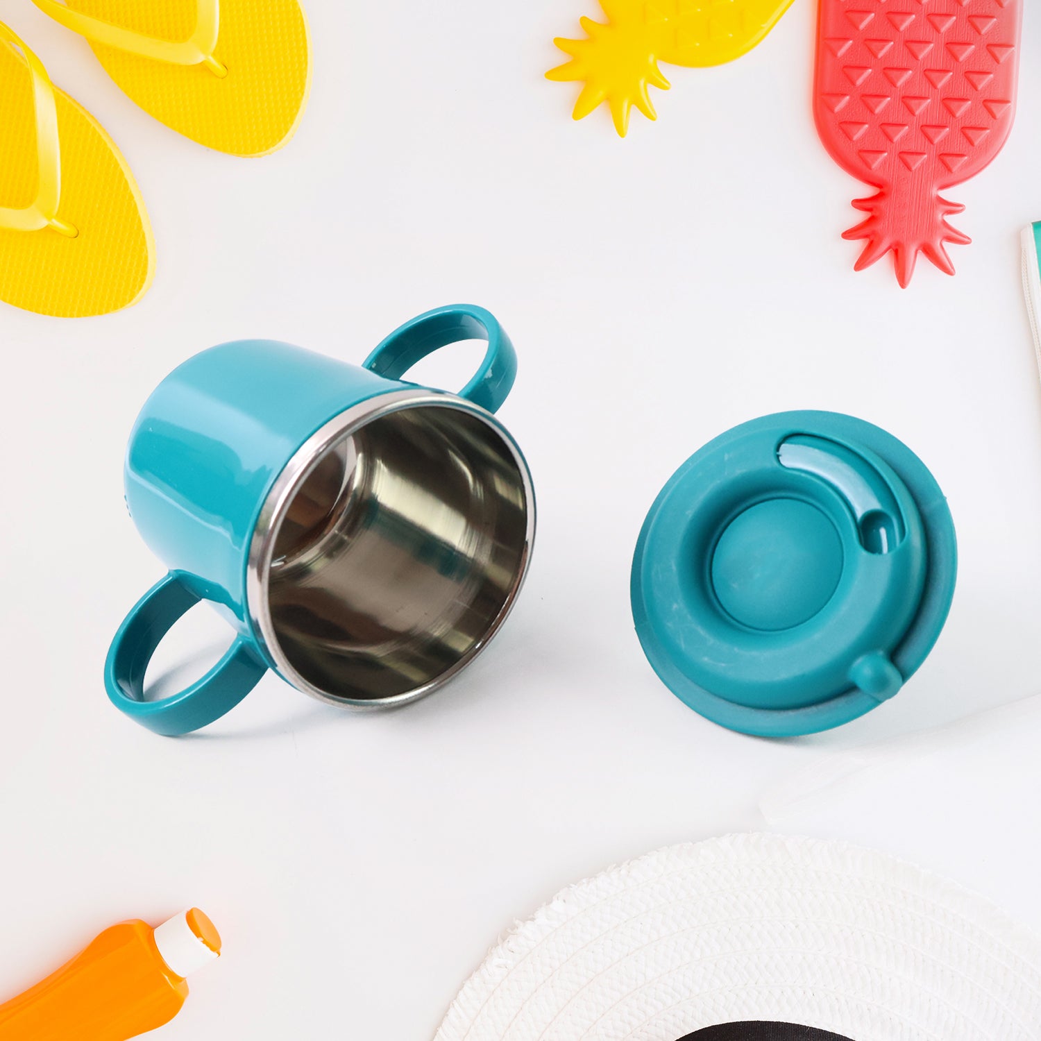 300ml BPA-free kids mug in blue with dual handles and a spill-proof lid from Superior eMart