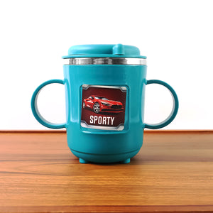 300ml BPA-free kids mug in turquoise with sporty car design and dual handles by Superior eMart