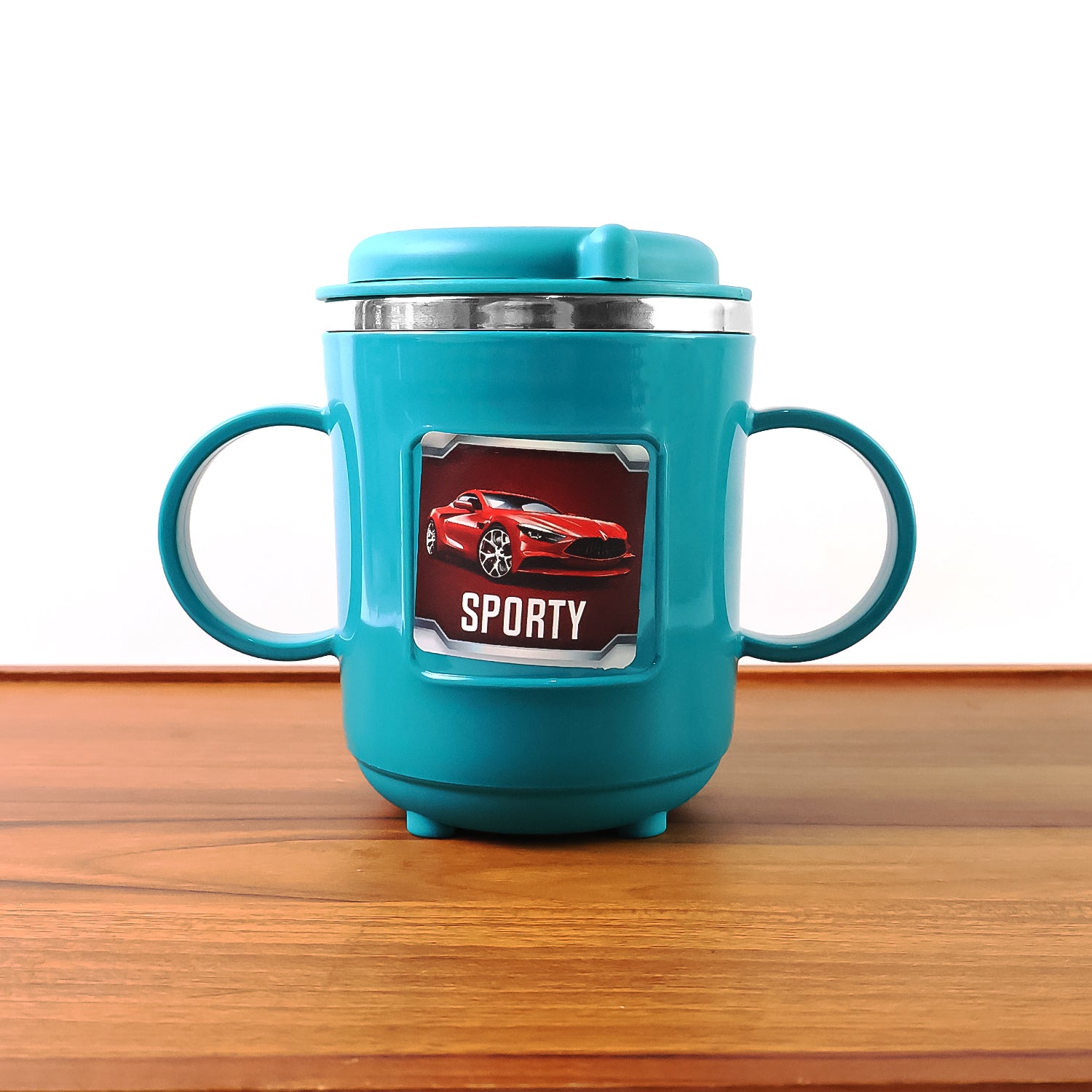 300ml BPA-free kids mug in turquoise with sporty car design and dual handles by Superior eMart