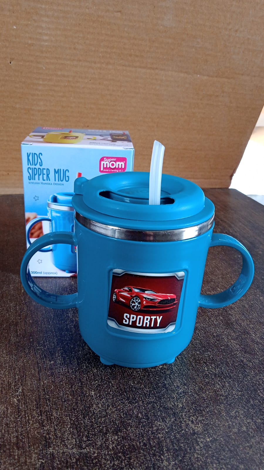 300ml BPA-free kids mug by Superior eMart in blue with sporty car design and dual handles