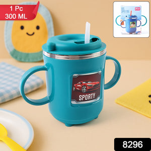 300ml BPA-free kids mug in blue with sporty car design and dual handles for easy grip