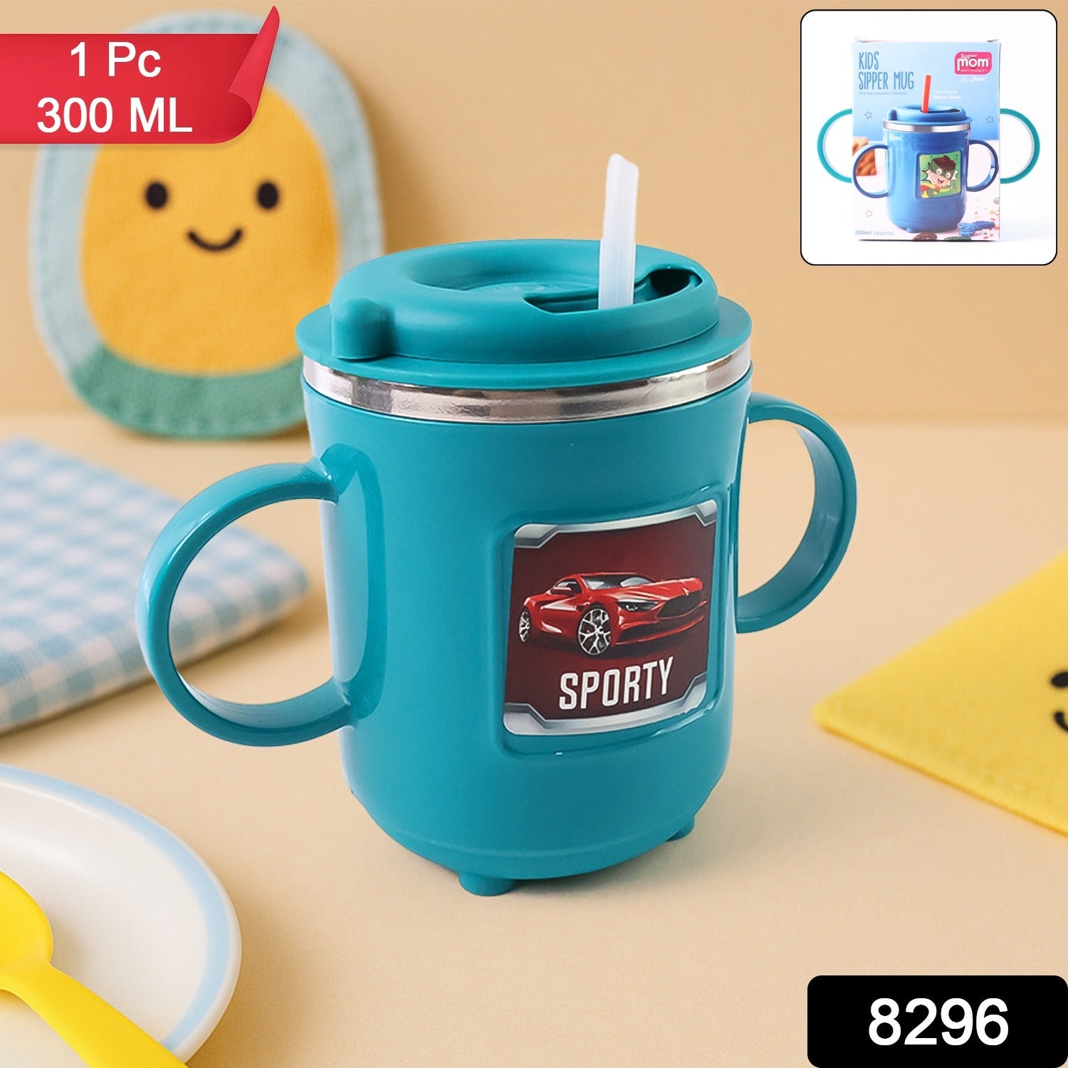 300ml BPA-free kids mug in blue with sporty car design and dual handles for easy grip