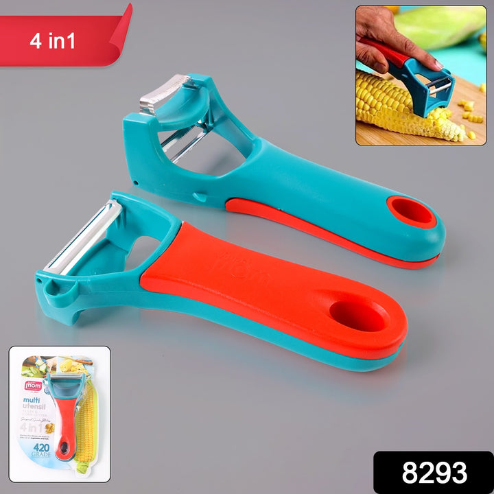 Superior eMart 4 in 1 fruit and veggie peeler with ergonomic red and blue handle for versatile kitchen use